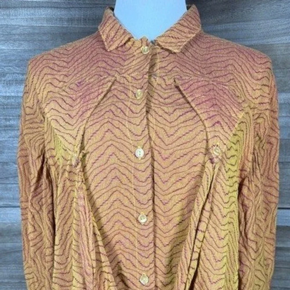 Vivanni Vintage Draped Front Button Down Blouse Orange Magenta‎ Wavy Textured L